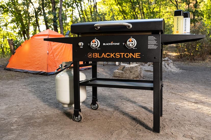 BLACKSTONE 1883 Original 28” Griddle with Integrated Protective Hood and Counter Height Side Shelves, Powder Coated Steel, Black