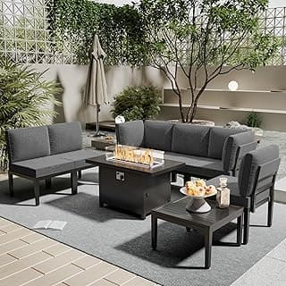 Patio Furniture Set,8 Pieces Modern Outdoor Conversation Set w/43in Gas Fire Pit Table, Outdoor Metal Sectional Sofa with 55000 BTU Propane Fire Pit.