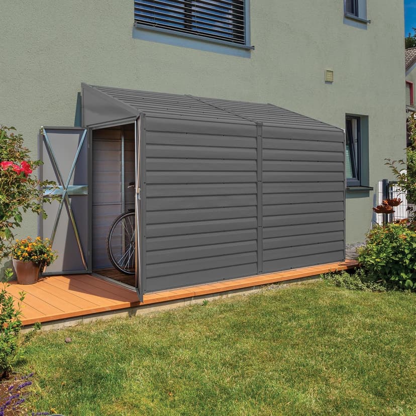 Arrow Yardsaver 4' x 10' Galvanized Steel Outdoor Storage Shed with Sloped Roof and Double-Door Entry, UV-Resistant Steel Floorless Compact Storage Shed, Charcoal
