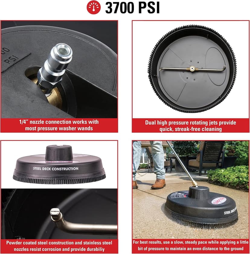 Simpson Cleaning 80165 Universal 15" Steel Pressure Washer Surface Cleaner for Cold Water Machines, 1/4" Quick Connection, Recommended Min 2200 PSI up to Max of 3700 PSI, Black