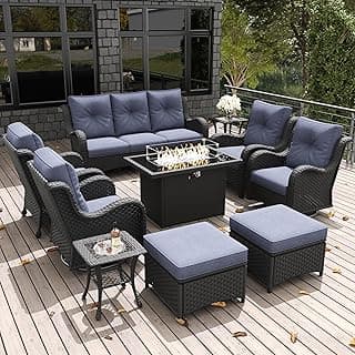 LayinSun 10 Pieces Outdoor Patio Furniture Set with Fire Pit Table, Rattan Wicker Sectional Swivel Rocker Chairs Sets with Ottomans, Swivel Glider Chair, Single Chairs and Coffee Table
