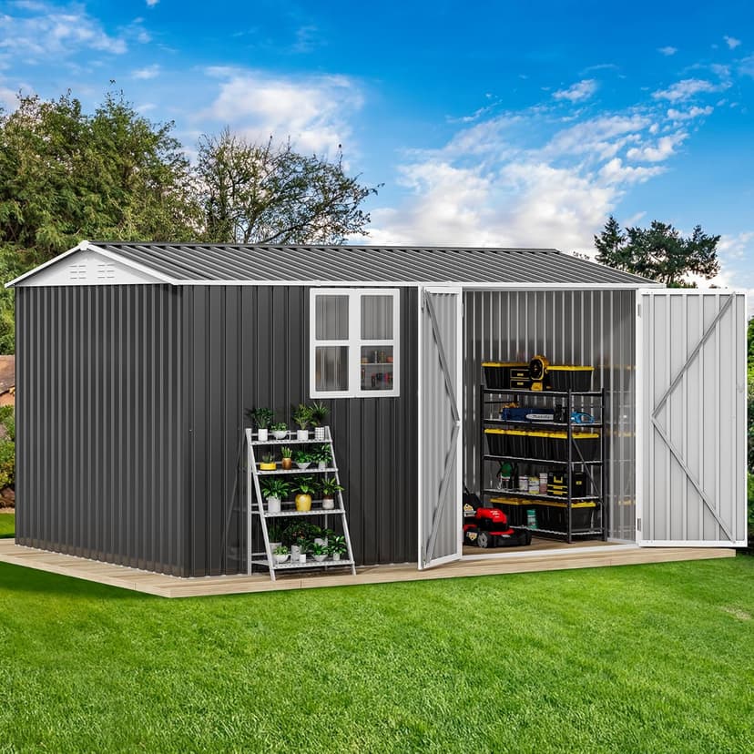 DWVO 12' x 8' Outdoor Storage Shed, Waterproof Metal Garden Shed with Windows, Lockable Doors, and Sloped Roof for Patio, Backyard, Lawn, Tool Storage, Bike Shed, Pet Shelter (Gray + White)