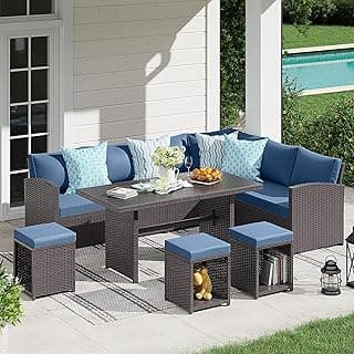 JOIVI Patio Furniture Set, 7 Piece Patio Dining Sofa Set, Outdoor Sectional Sofa Conversation Set All Weather Wicker Rattan Couch Dining Table & Chair with Ottoman, Aegean Blue