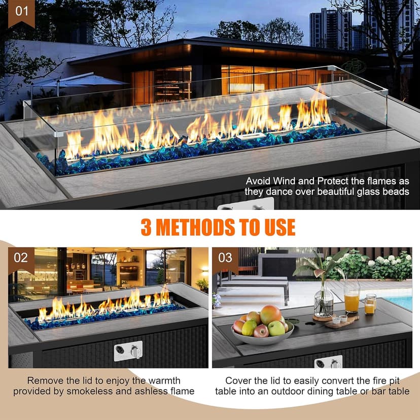 Walsunny 45 inch Outdoor Propane Fire Pit 50,000 BTU Gas Fire Pit Table with Lid, Glass Wind Guard, Waterproof Cover, Rectangle Gas Firepit Table for Garden/Patio, CSA Certification