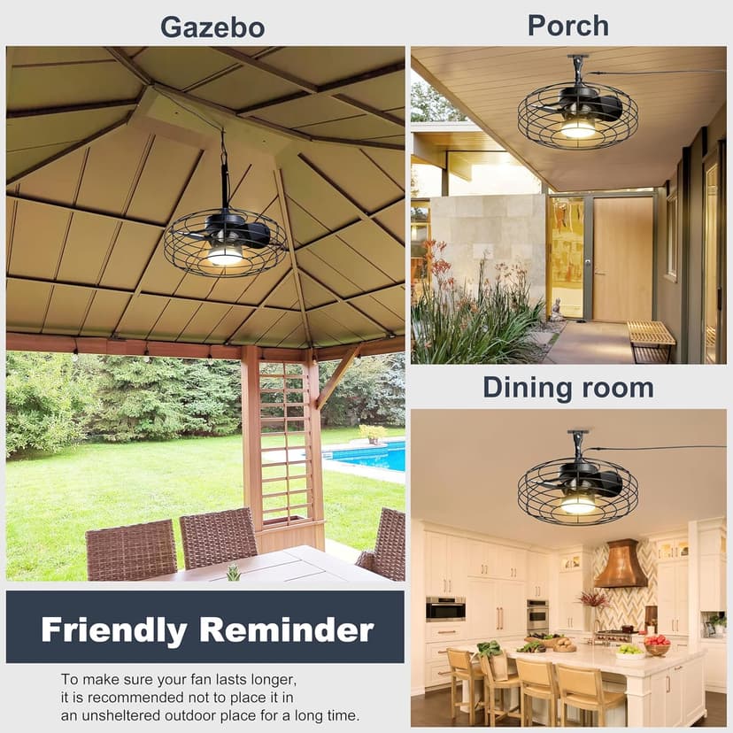Outdoor Ceiling Fans with Light for Patios, 20'' Wet Rated Gazebo Fan Remote&APP Control, Dimmable Hanging Fan with Plug in Cord for Pergola, Black
