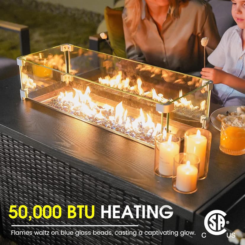 Sundale Outdoor 52 Inch Outdoor Fire Pit Table, 50000 BTU Propane Fire Pits with Storage Shelf, Glass Wind Guard and Lid, Wicker Patio Gas Fire Pit for Outside Patio and Garden, CSA-Listed(Grey)