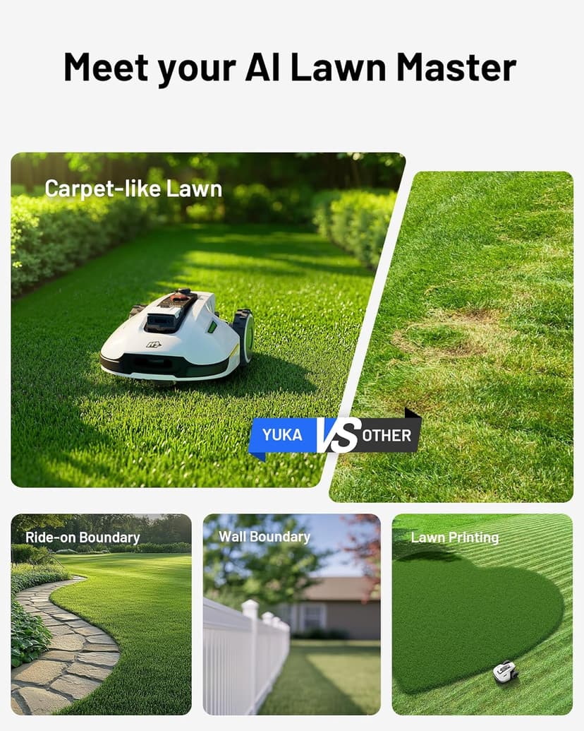 YUKA 2000 Robot Lawn Mower with Garage Standard, Reception 0.5 Acre,Max. 0.6 Acre, Ultrasense AI Vision & RTK, Auto Mapping & App Control,45% Slope,Dual Cutting Discs, 20 Mowing Zones