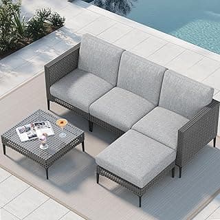 4 Seats Outdoor Patio Corner Sofa Set–L-Shaped Comfortable Couch, Balcony Weatherproof Sofa– Includes Glass Top Table, Armless Chairs, Three-Seater Sofa and Ottoman