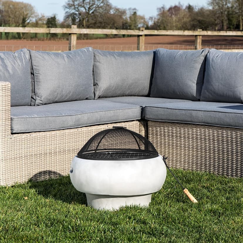 Teamson Home MGO Light Concrete Round Charcoal and Wood Burning Fire Pit for Outdoor Patio Garden Backyard with Spark Screen, Fireplace Poker, Grate, and BBQ Grill, Light Gray