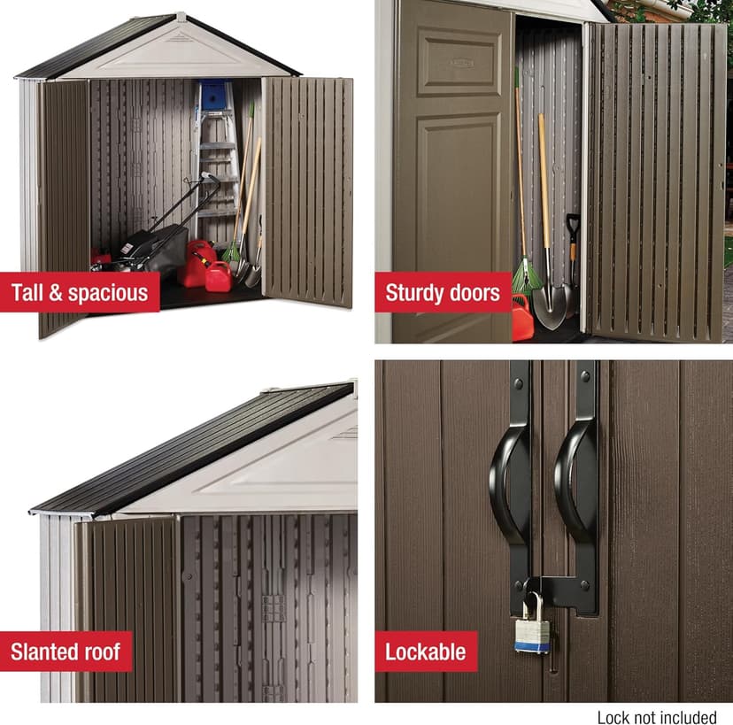 Rubbermaid Resin Outdoor Storage Shed With Floor (7 x 3.5 Ft.), Weather Resistant, Brown/Grey, Organization for Home/Lawn Mower/Backyard Equipment/Bike Storage/Pool Supplies