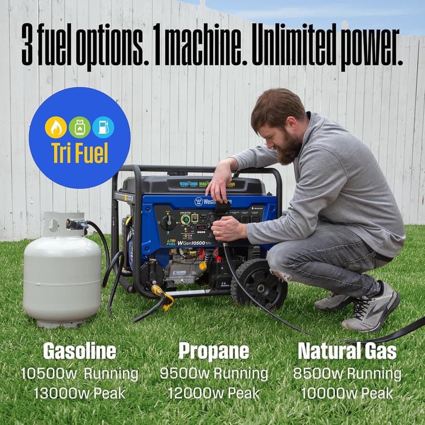 Westinghouse 13500 Peak Watt Tri-Fuel Home Backup Portable Generator, Remote Electric Start, Transfer Switch Ready, Gas, Propane, and Natural Gas Powered