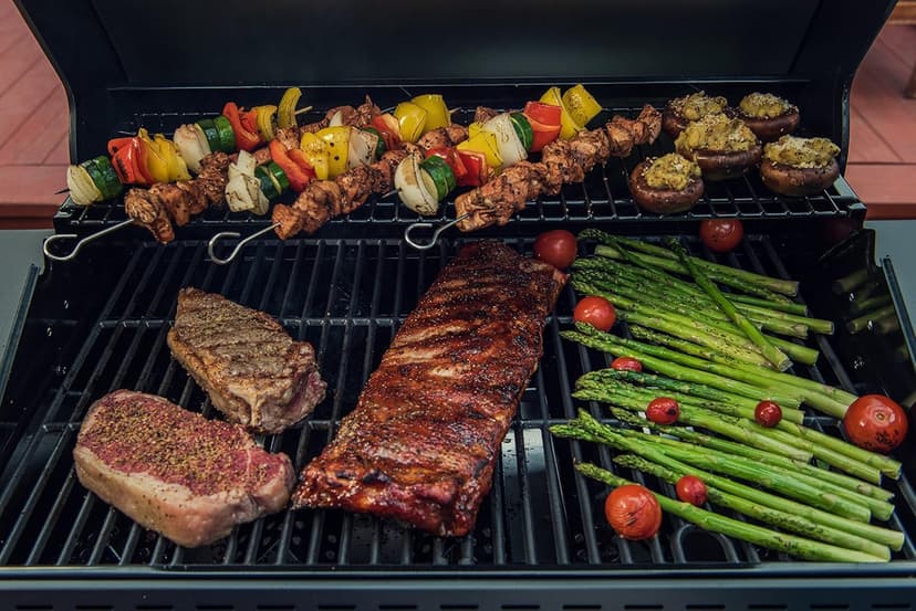 720-0982 5 Burner Propane Barbecue Gas Grill, Side Shelves with Hooks, for Outdoor Cooking, Patio, Garden Barbecue Grill, 50000 BTUs, Open Chart, Black