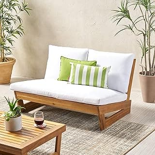 Great Deal Furniture Kaitlyn Outdoor Acacia Wood Loveseat with Cushions, Teak and White