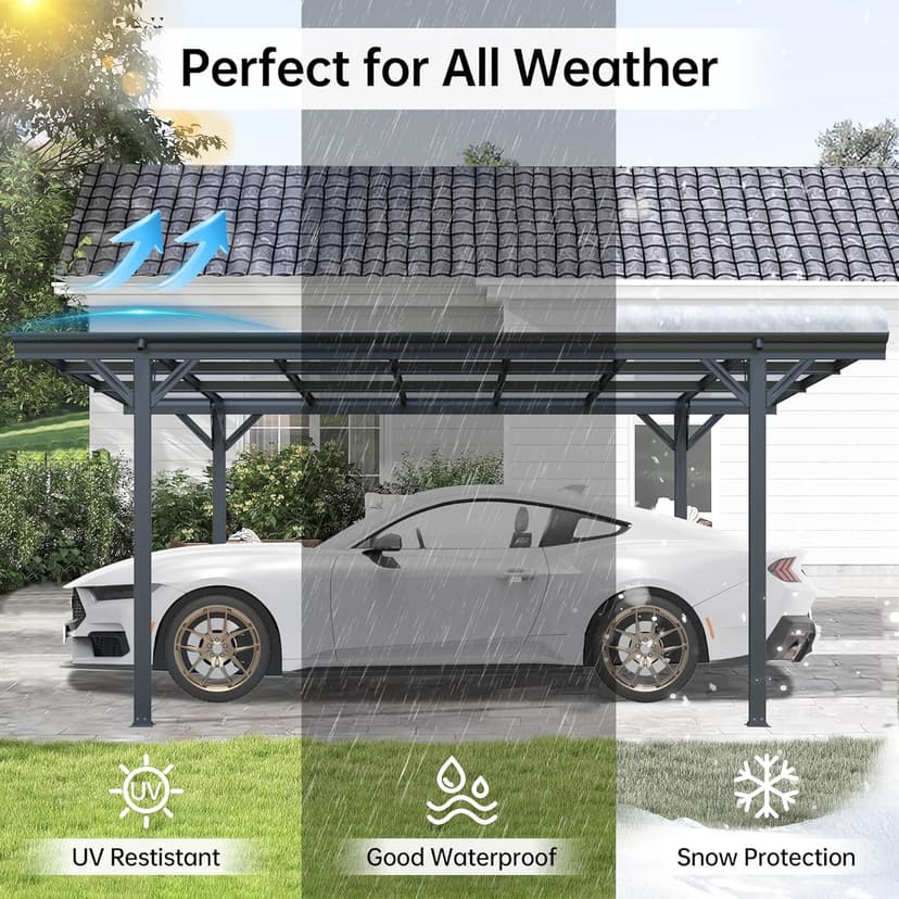 Real Relax Metal Carport 10 x 16ft with Heavy Duty Metal Frame & Pitched-Roof Polycarbonate Panel Canopy, Sturdy Canopy Shelter for Car, Truck, Pickup, SUV, Tractor, and Boat, Grey