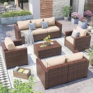 Patio Furniture Set,5 Piece Wide Armrest Outdoor Furniture Chair with 4" Thickened Cushion,Wicker Patio Outdoor Conversation Sets with Waterproof Covers for Backyard, Porch(Khaki)