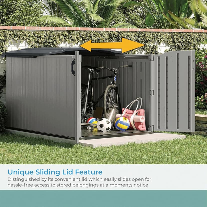 Suncast Glidetop Horizontal Outdoor Storage Shed with Pad-Lockable Sliding Lid and Doors, All-Weather Shed for Yard Storage, 57.5" W x 79.75" D x 52" H, Made in The USA