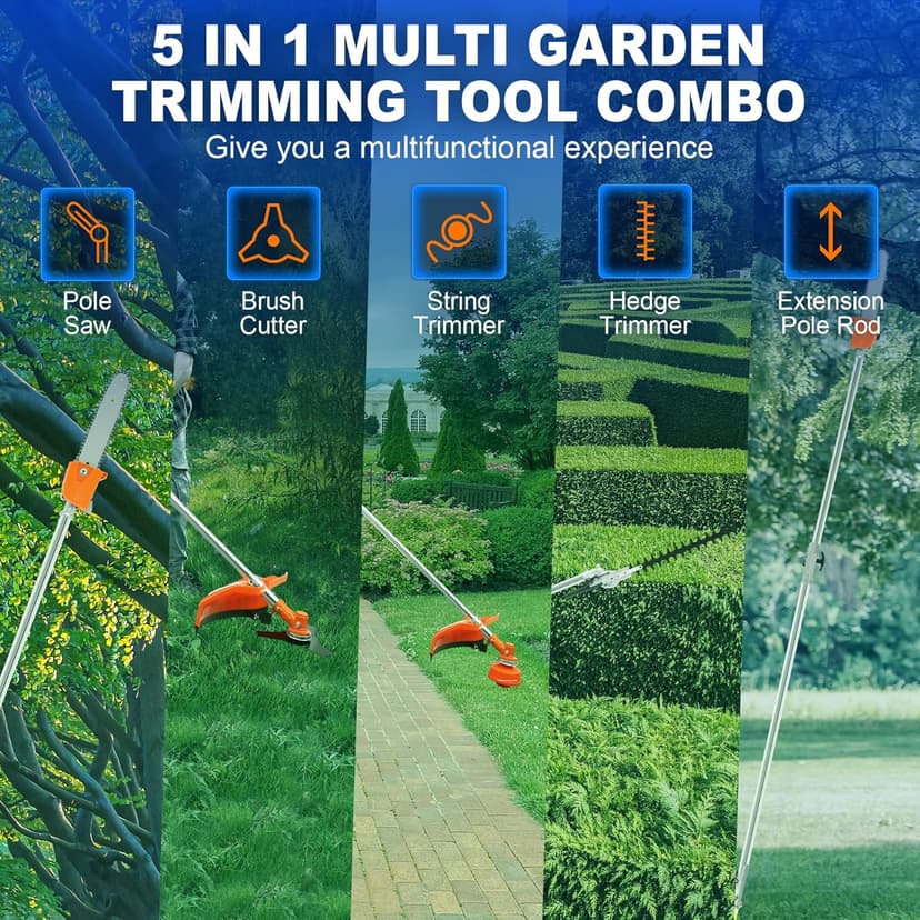 Iglobalbuy 52cc 2-Stroke 5 in 1 Garden Hedge Trimmer Combo, Gas Powered Long Reach Pole Saw Grass String Trimmer Brush Tree Cutter Pruner Weed Eater Multi Functional Garden Trimming Tools