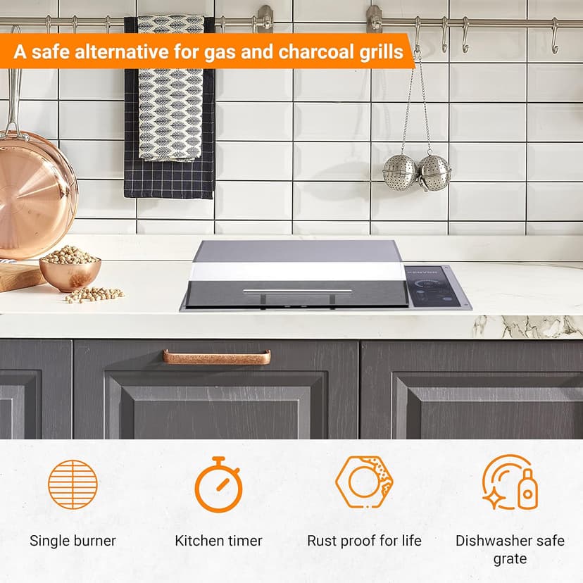 KENYON Frontier Built-in Electric Grill, Single Burner With IntelliKEN Touch Control, Stainless Steel Body, Rust-Proof Grill, UL-Approved For Indoor And Outdoor Use, Dishwasher Safe Grate, 120 Volts