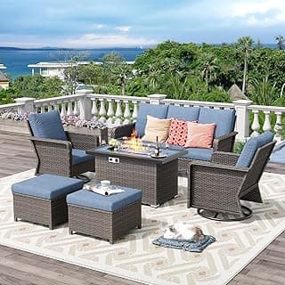 Brafab 6-Piece Patio Furniture Set with Fire Pit Table 44", Backyard Furniture W/Swivel Chairs, Loveseats, and Ottoman, Outdoor Patio Conversation Sets for Yard, Garden, Porch, Blue