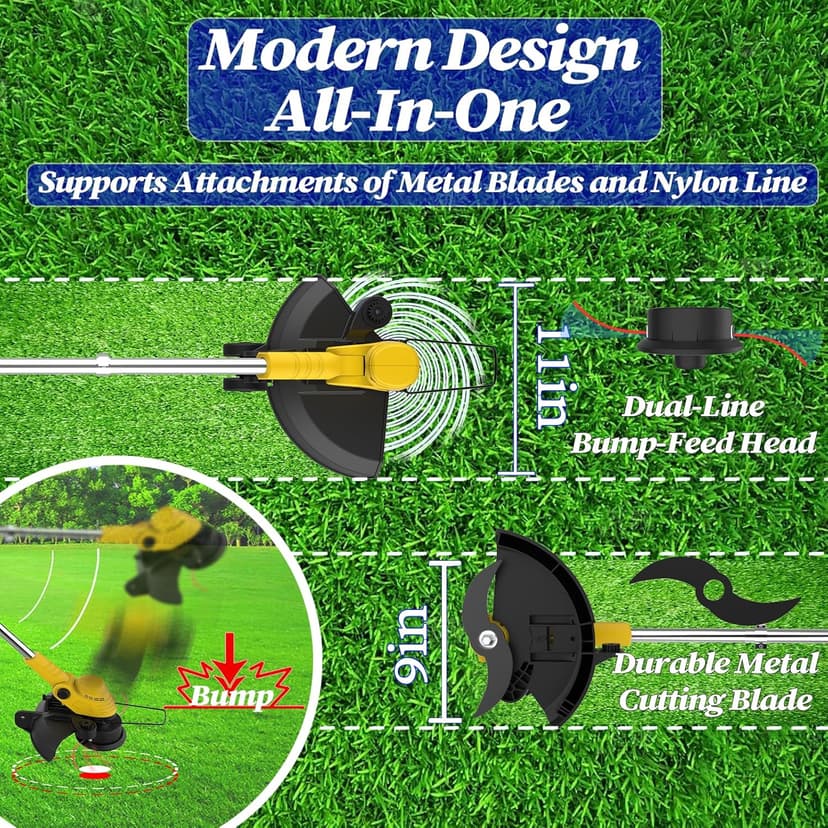 Brushless Motor Metal Blade & Dual-Line Bump-Feed Cordless Weed Wacker with Battery and Charger, Edger Lawn Tool, for Petite Yards and Residential Lawns