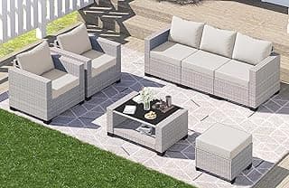7 Piece Outdoor Patio Furniture Set, Outdoor Sectional Furniture, Rattan Chairs Glass Table Wicker Conversation Seating Sectional Sofa with Cushions (B-Grey White-Grey, B-7 Pieces-Tilted Back)