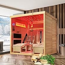 Infrared Sauna,2 Person Luxurious Indoor Sauna with Recliner, Wooden Sauna with 7-Color Starry Ceiling,9 Heating Tubes,5 Carbon Panels,2-in-1 Door Handle,Himalayan Salt Brick,220V