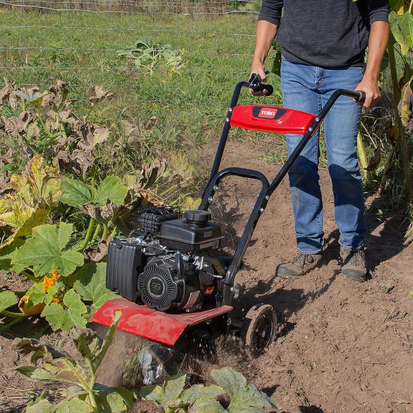 Toro Compact Front Tine Tiller, 99cc 4-Cycle Engine, 11, 16 or 21 Inch Adjustable Tilling Width, 11" Max Tilling Depth, Removable Side Shields, Model: 58604