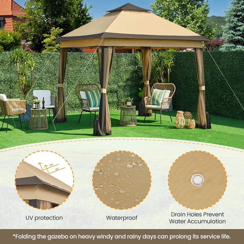 Yaheetech 11x11 Pop Up Gazebo Outdoor Canopy Shelter, Instant Patio Gazebo Sun Shade Canopy Tent with 4 Sandbags, Double Tiers & Mesh Netting for Lawn, Garden, Backyard & Deck, Khaki