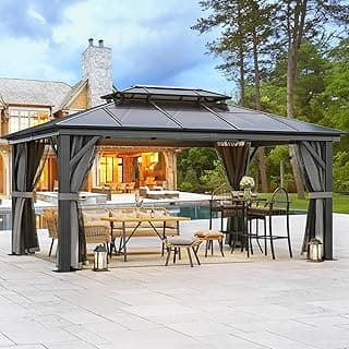 YITAHOME 12x16FT Gazebo Polycarbonate Top Double Roof Canopy Outdoor with Netting and Shaded Curtains, Aluminum Frame Hardtop Garden Tent for Patio, Backyard, Deck and Lawns, Grey