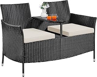 Yaheetech Patio Loveseat, Outdoor Wicker Double Chair w/Side Table, PE Rattan Furniture Set for Two People, Love Seat w/2 Removable Cushions & 1 Tempered Glass Side Table, Black/Beige