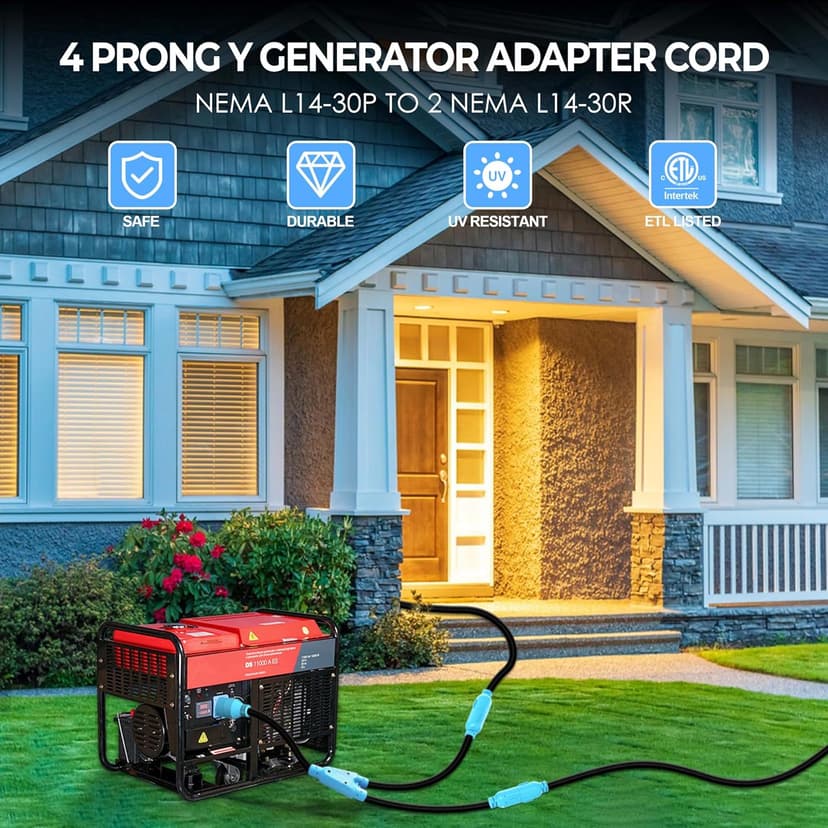 CircleCord 4 Prong 30 Amp Generator Splitter Y Adapter, NEMA L14-30P to 2X L14-30R, 10 AWG SJTW for Manual Transfer Switch, Generators, 125/250V 7500W
