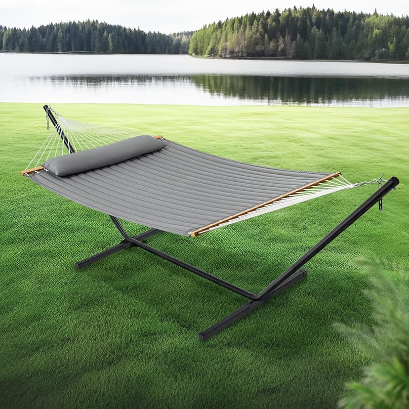 SUPERJARE Hammock with Stand, 2 Person Quilted Outdoor Hammock, Detachable Pillow & Bamboo Spreaders, Portable Hammock with Carrying Bag, Heavy Duty Stand, Perfect for Outside, Patio, Gray