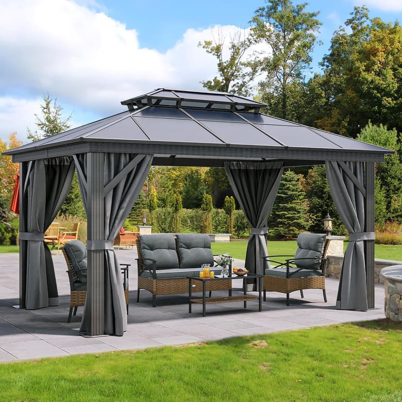 YITAHOME 10X12FT Hardtop Polycarbonate Gazebo Outdoor Patio Double Top Canopy Galvanized Iron Aluminum Column Garden Tent Curtains Netting for Backyards Decks Lawns,Gray
