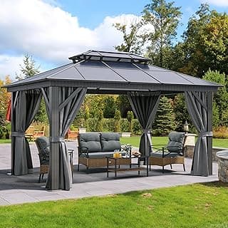 YITAHOME 10X12FT Hardtop Polycarbonate Gazebo Outdoor Patio Double Top Canopy Galvanized Iron Aluminum Column Garden Tent Curtains Netting for Backyards Decks Lawns,Gray