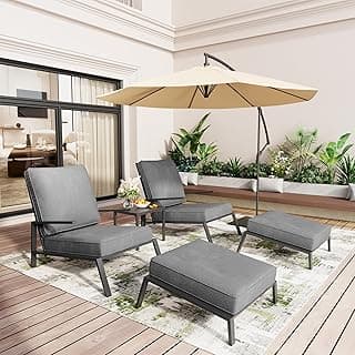 Pamapic 5 Piece Patio Set, All Weather Reclining Outdoor Patio Furniture Set, Powder-Coated Balcony Furniture with Table＆ Ottomans, Removable Cushions Outdoor Furniture Set for Balcony, Porch, Gray