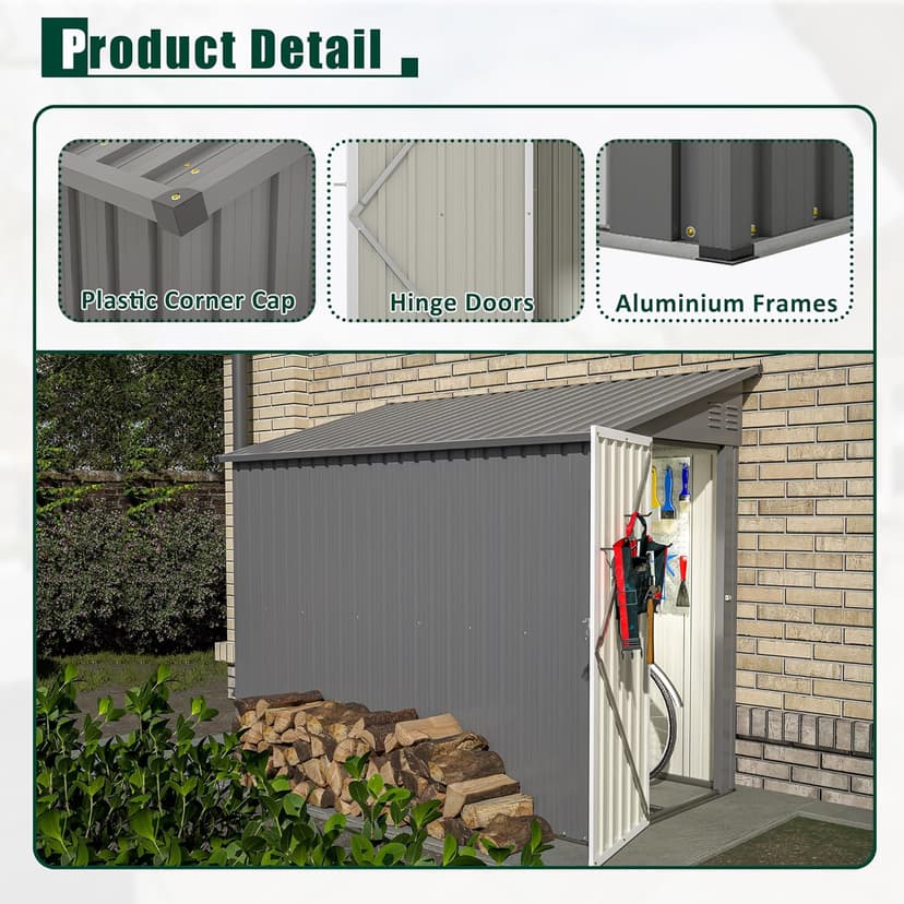 4x8 FT Outdoor Storage Shed with Floor,Lean to Metal Shed W/Lockable Door,All Weather Waterproof Garden Tool House W/ 2 Air Vents,for Backyard,Patio,Lawn,Garden,Gray