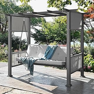 Pamapic 2 in 1 Design Porch Swing with Canopy, 3-Seat Patio Swing Bed with Adjustable Curtains, Outdoor Patio Swing Chair for Balcony, Garden and Poolside,Gray