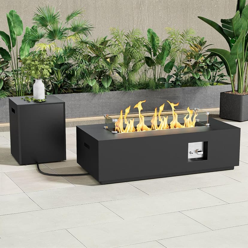 42" Rectangular Propane Fire Pit table 50,000 BTU Fireplace Table with Wind Guard, Lid, Rocks and Cover - Fire Pits & Outdoor Fireplaces - Gas Fire Pits for Outside Patio (Black, 42" Standard)