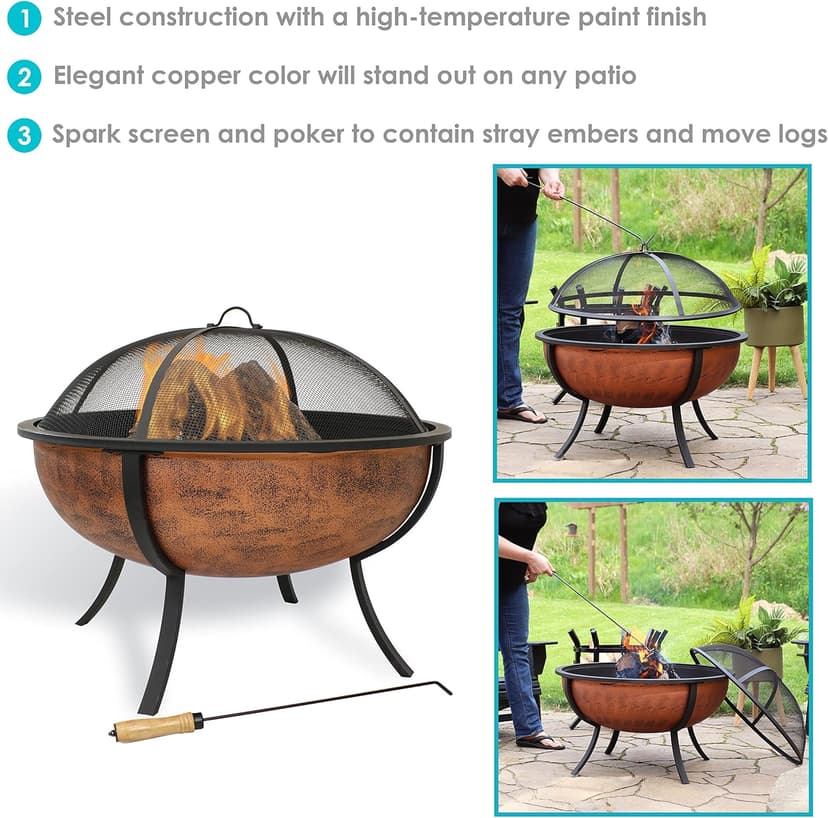 Sunnydaze 32-Inch Steel Fire Pit Bowl - High-Temperature Copper Finish Wood Burning Fire Pit with Screen, Wood Grate, and Poker