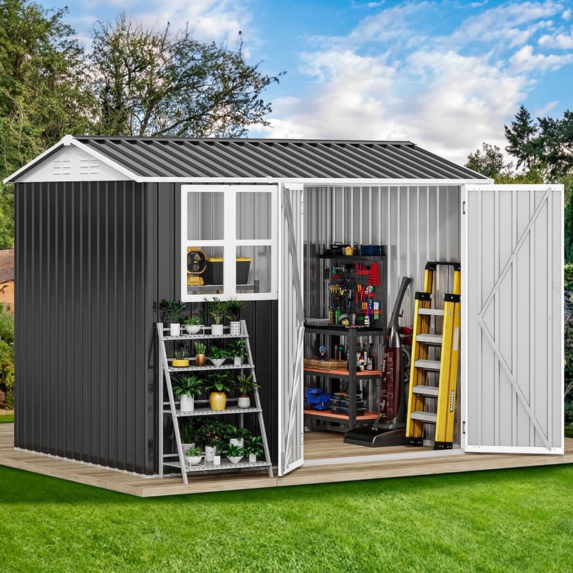 DWVO 8x6ft Metal Outdoor Storage Shed with Window, Lockable Tool Storage Sheds, Oversized Steel Garden Sheds with Sloped Roof for Backyard, Patio, Garage, Lawn, Dark Gray