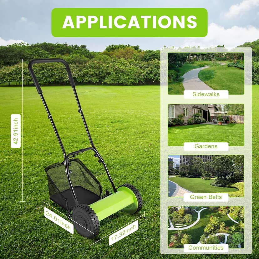 12-Inch Lawn Reel Mower, 5-Blade Push Reel Mower Manual Adjustable Cutting Height with 6 Gallons Grass Catcher Easy to Use for a Green Healthy Lawn