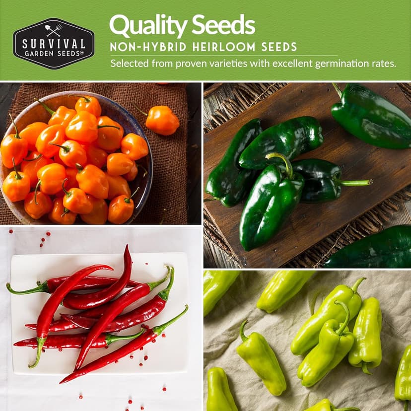 10 Pepper Variety Pack Seed Vault - Serrano, Big Red, California Wonder, Cayenne, Cubanelle, Orange Habanero, Jalapeño, Marconi, Rainbow Bell, Poblano Pepper - Non-GMO Heirloom Survival Garden Seeds