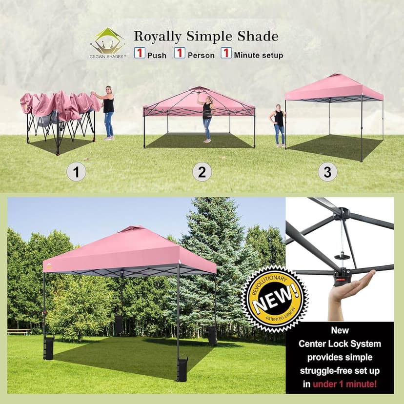 CROWN SHADES 10x10 Pop Up Canopy, Patented Center Lock One Push Instant Popup Outdoor Canopy Tent, Newly Designed Storage Bag, 8 Stakes, 4 Ropes