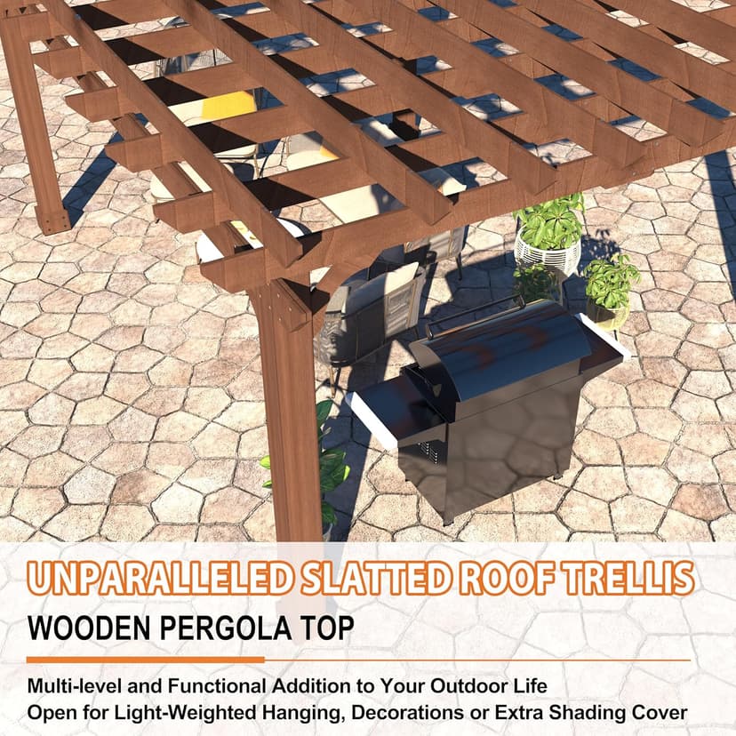 12x14 FT Wooden Pergola with Flat Roof, Cedar Wood Gazebo with Stakes Included, Outdoor Garden Shelter for Patio, Deck, Backyard, Lawn