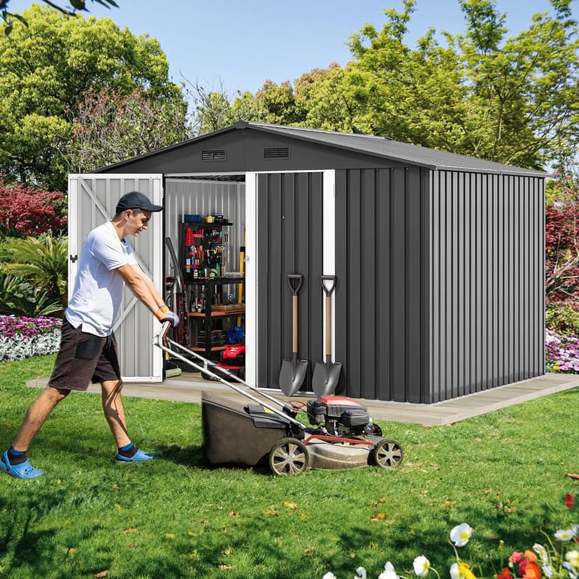 DWVO 10x8ft Metal Outdoor Storage Shed, Waterproof Tool Shed Heavy-Duty Storage Unit with Lockable Door and Vents, Ideal for Bicycles, Tools, Lawnmowers, Backyards, Patios, Lawns - Dark Gray