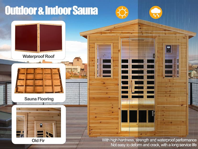 Outdoor Sauna 3 Person Infrared Sauna, Infrared Saunas for Home, 1950W Low EMF Far Infrared Sauna Old Fir Wooden Sauna with Beauty Red Light, Foldable Seat, Bluetooth, Chromotherapy Lamp, Reading Lamp