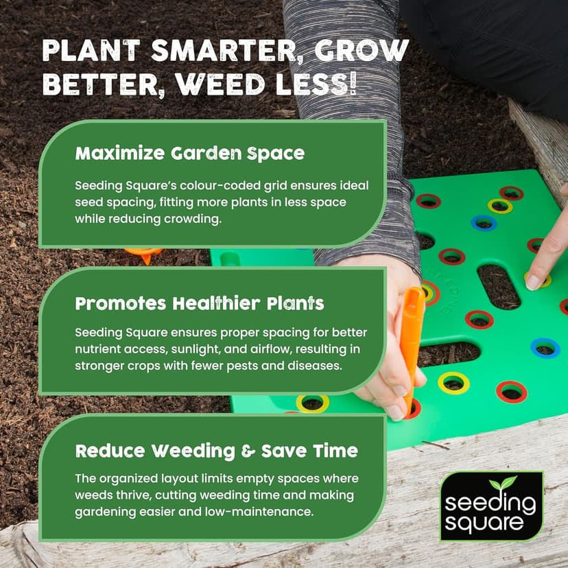 Seeding Square - Patented Seed and Seedling Spacer Tool for Bigger Harvests, Organized Plants & Fewer Weeds – Color-Coded Gardening Template with Magnetic Dibber, Ruler & Planting Guide