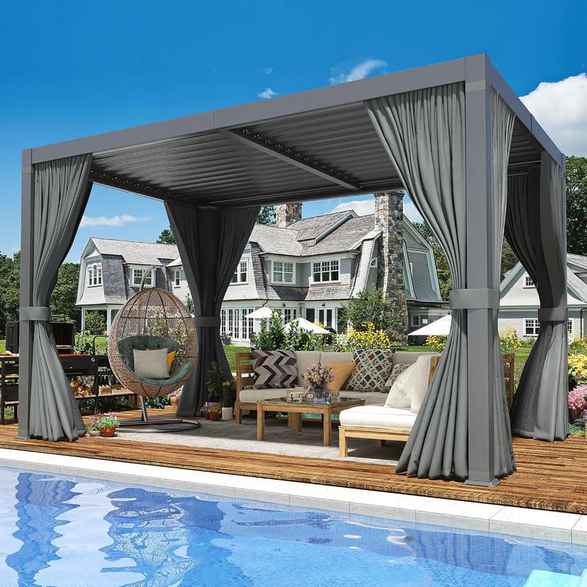 Pergola 10x12 Ft Louvered Pergola Aluminum Outdoor Pergolas W/Adjustable Roof, Waterproof Curtains and Nets Outdoor Gazebo for Deck,Patio,Backyard and Garden