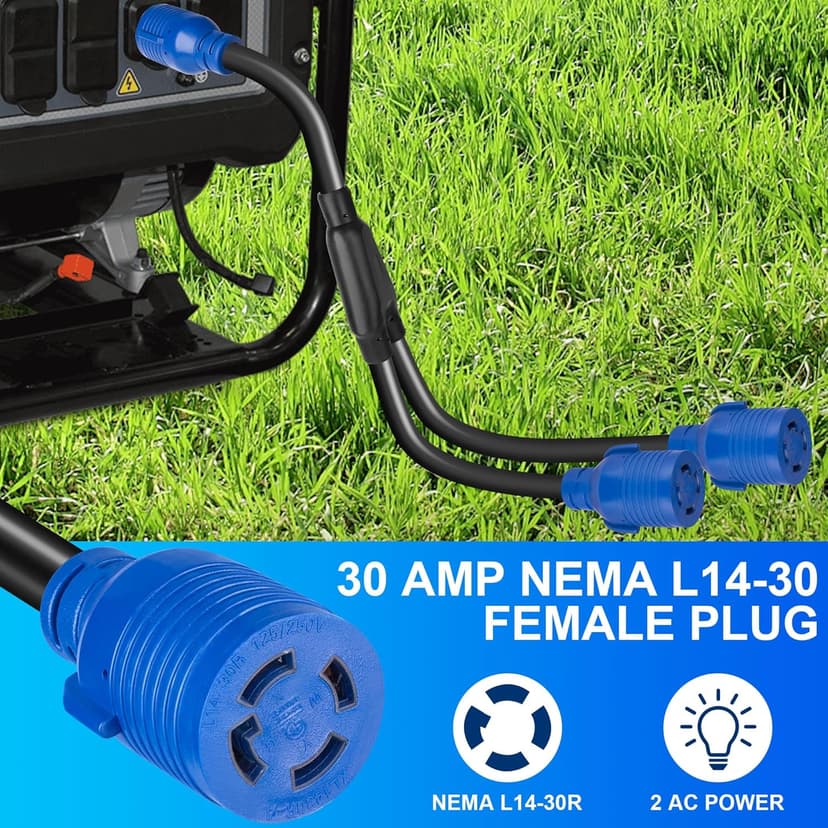 4-Prong 30 Amp Generator Splitter Y Adapter NEMA L14-30P to 2X L14-30R, 10 AWG SJTW Locking Power Cord, 125/250V 7500W for Manual Transfer Switch, Portable Generators & Emergency Power, 3ft