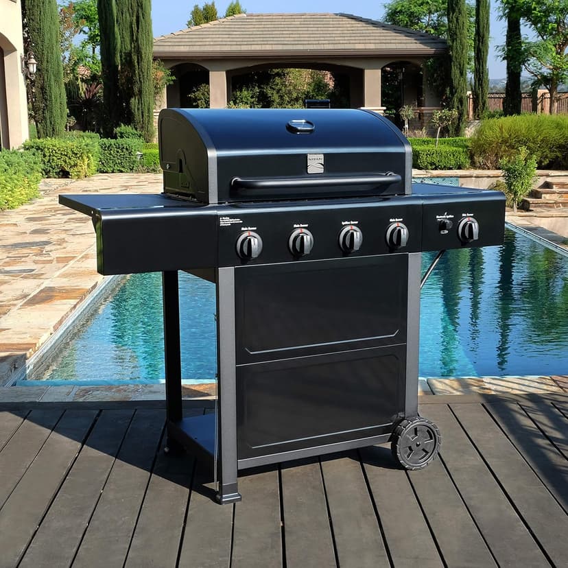 Kenmore 4-Burner Gas Grill with Side Burner, Outdoor BBQ Grill, Propane Gas Grill, Cast Iron Cooking Grates, Electronic Ignition, Warming Rack, 53000 BTUs, Black + Bonus Cover